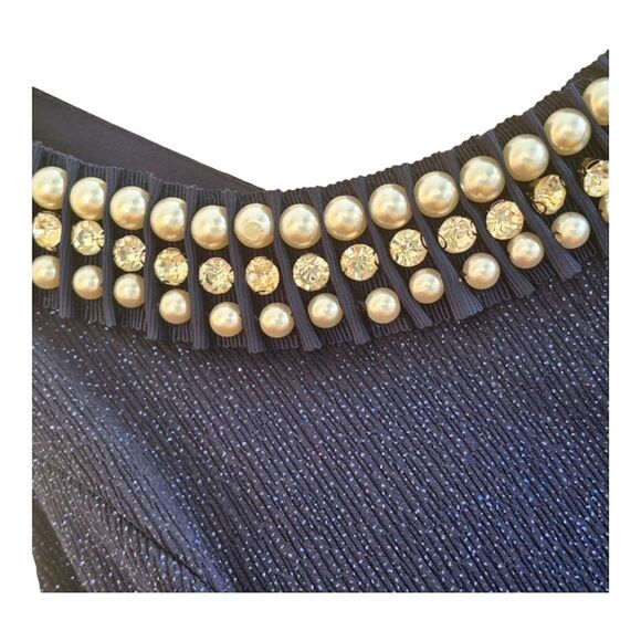 R&M Richards Metallic Formal Gown Pearl Rhinestone Floor Length Blue sz 14 Lined - Picture 7 of 16